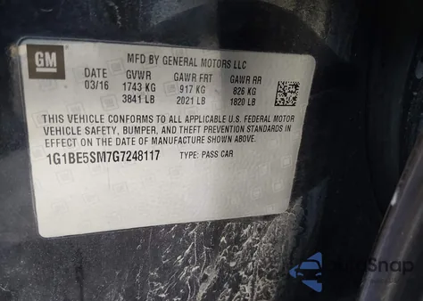 2016 Chevrolet Cruze Lt Auto from USA, damaged, VIN 1G1BE5SM7G7248117